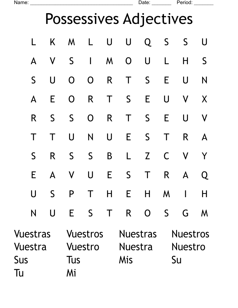 Possessives Adjectives Word Search WordMint