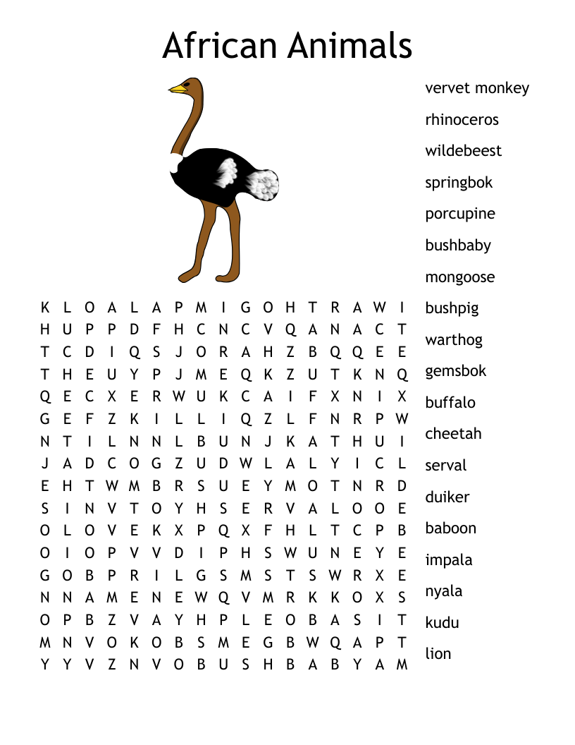 Safari Animals Word Search WordMint