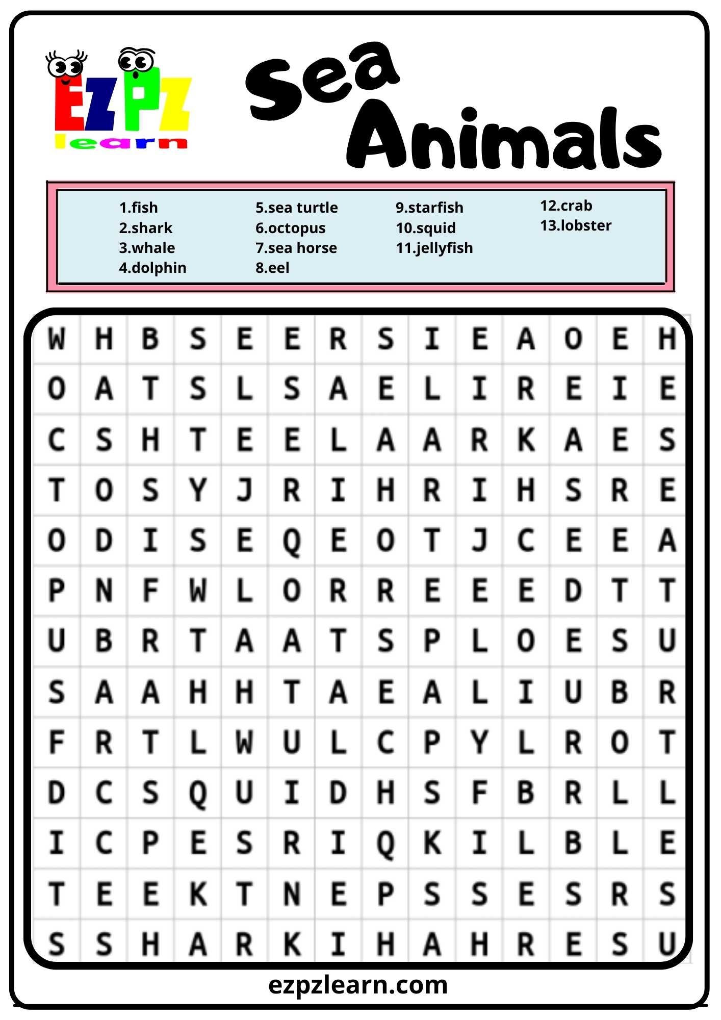 Word Search On Whales Free Printable