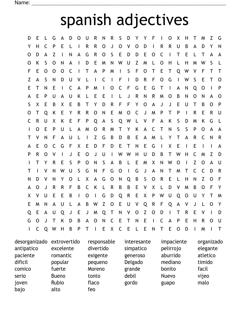 Spanish Adjectives Word Search WordMint