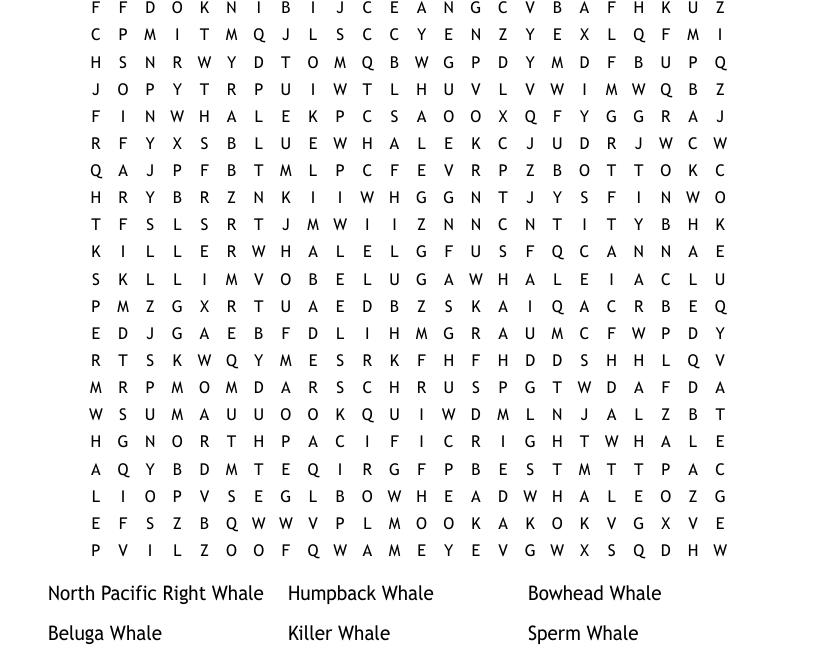 Types Of Whales Word Search WordMint