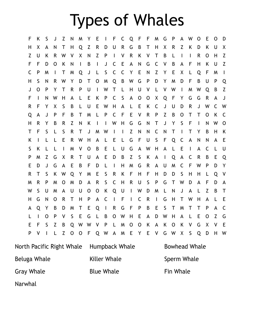Types Of Whales Word Search WordMint