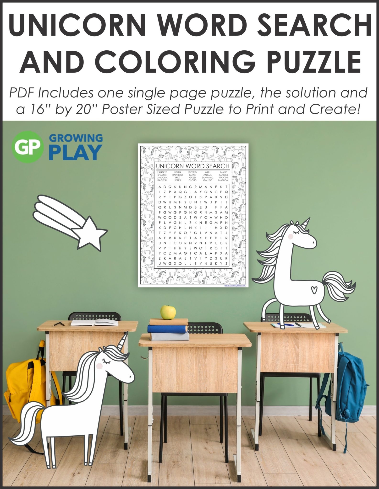 Unicorn Word Search Puzzle Poster Growing Play