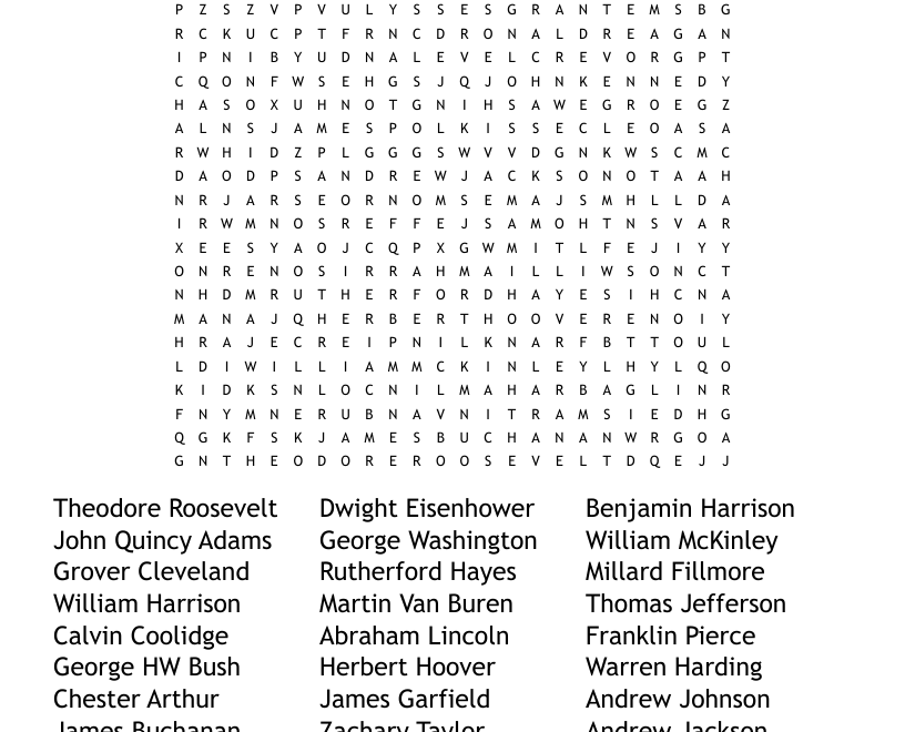 US Presidents Word Search WordMint