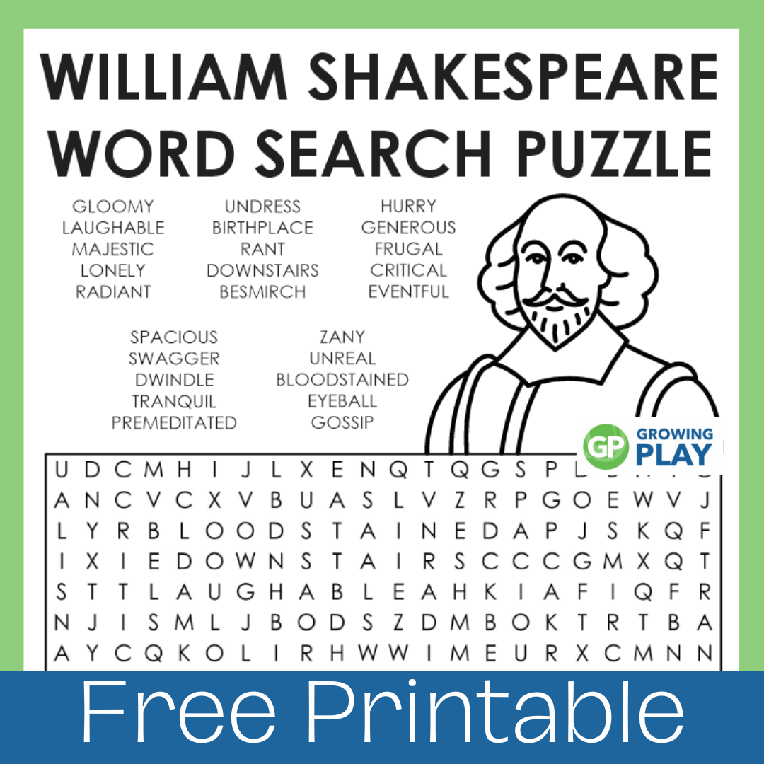 William Shakespeare Word Search PDF Growing Play
