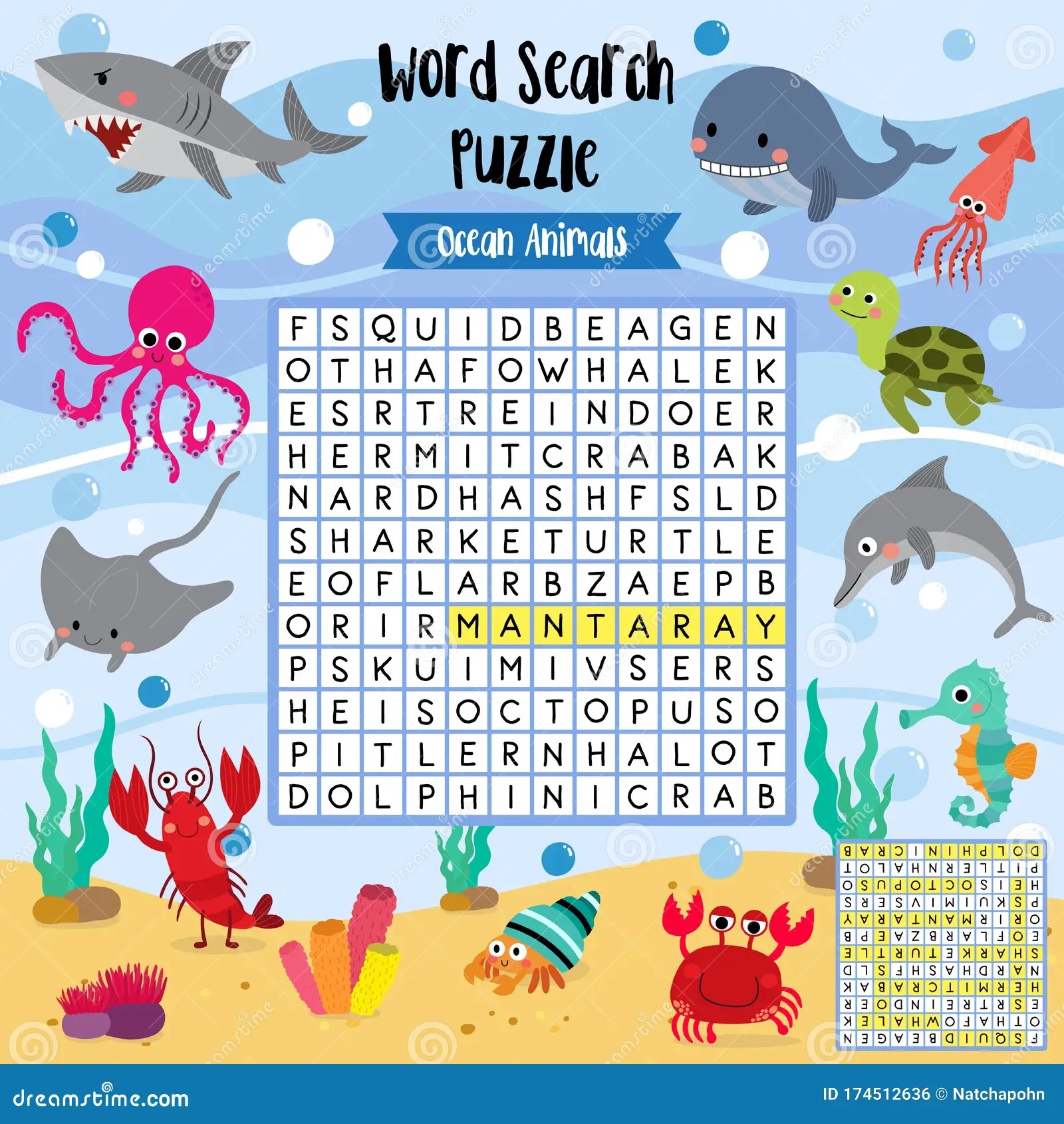 Word Search Puzzle Ocean Animals Stock Vector Illustration Of Crab Quiz 174512636