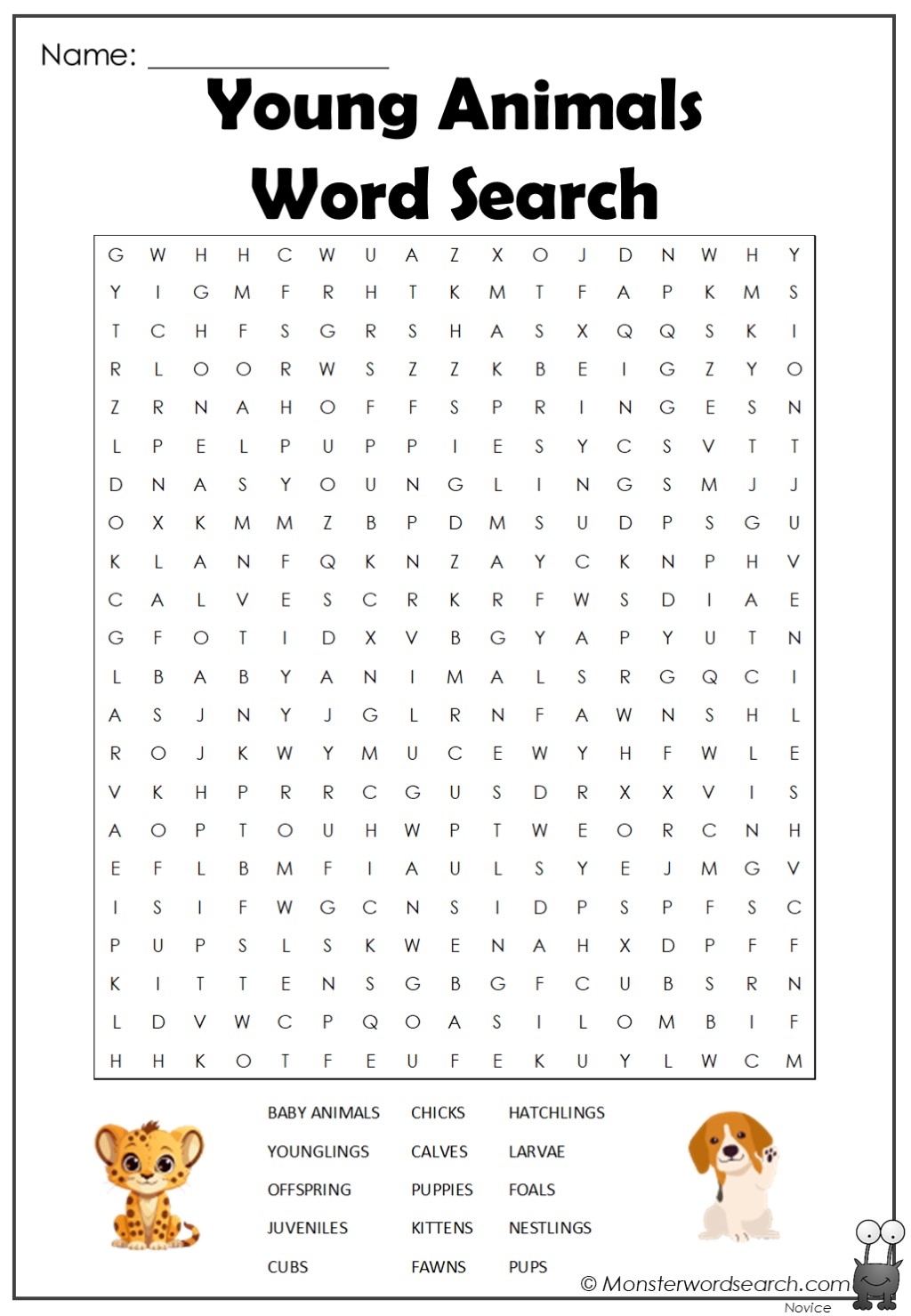 Young Animals Word Search Monster Word Search